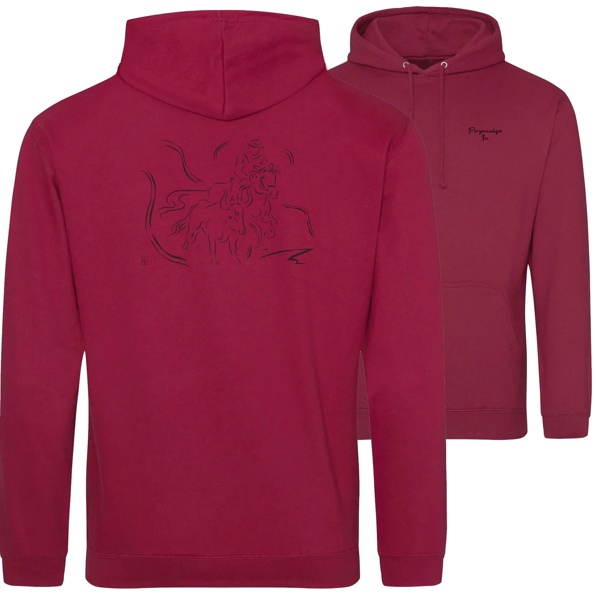 Motif Camargue Gardians et taureaux - Chevauchée - au dos d'un Sweat à capuche Unisexe 280g - Rouge Ted hot chili