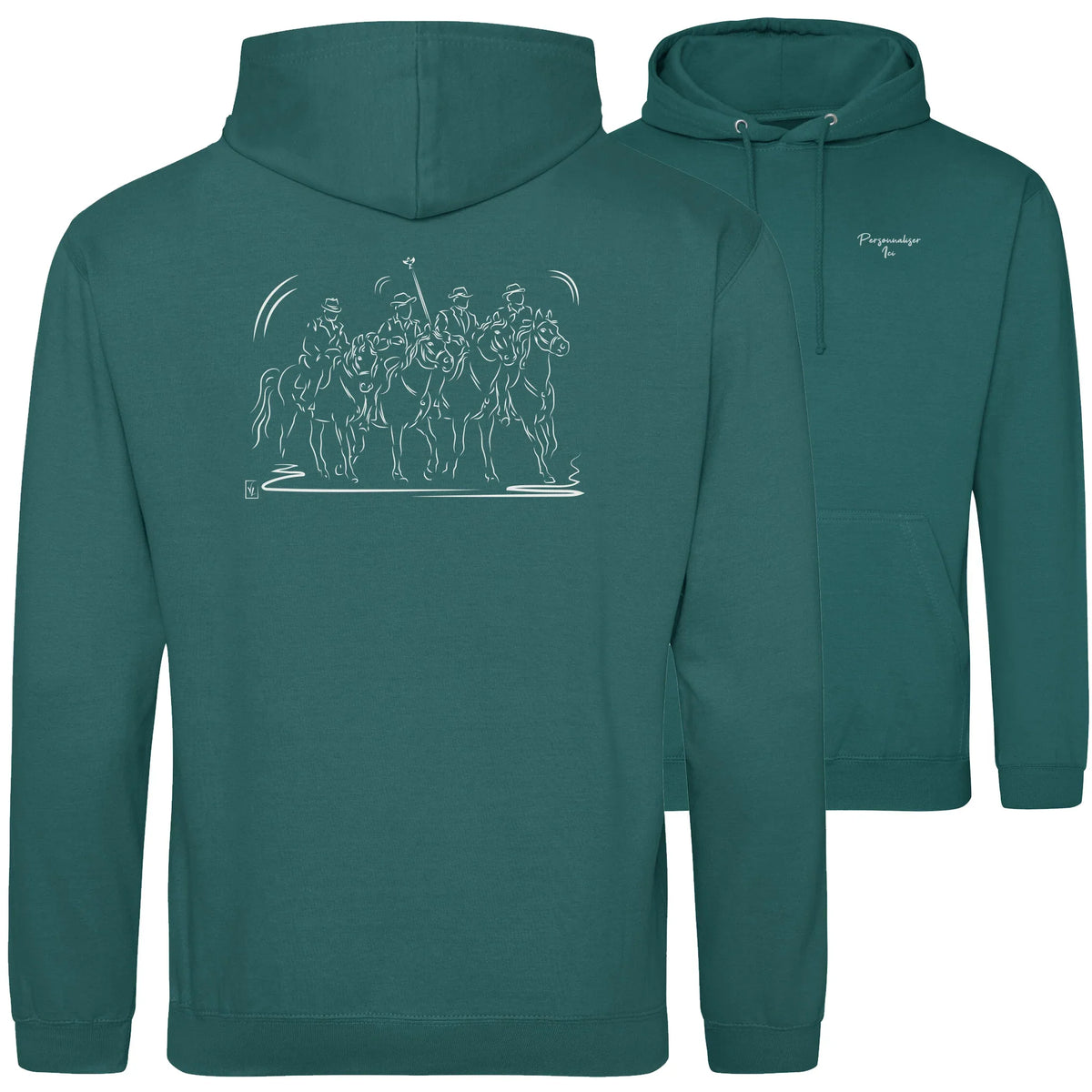 Motif Camargue Gardians et taureaux - Culture - au dos d'un Sweat à capuche Unisexe 280g - Vert Jade