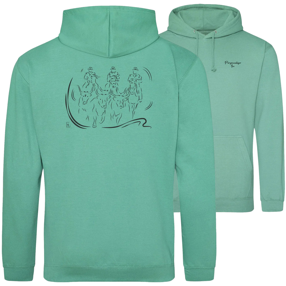 Motif Camargue Gardians et taureaux - Terre sauvage - au dos d'un Sweat à capuche Unisexe 280g - Vert Spring green