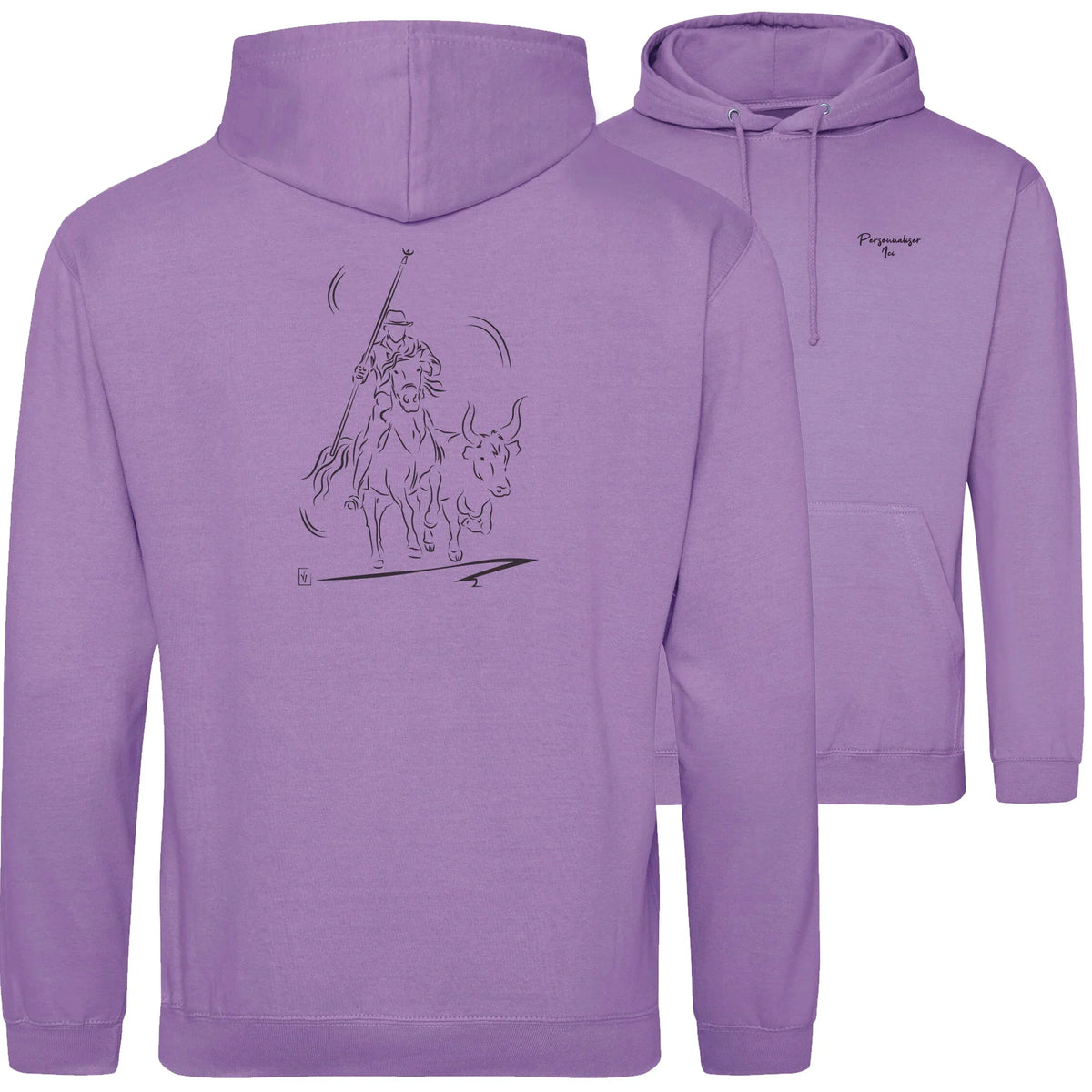 Motif Camargue Gardians et taureaux - Abrivado - au dos d'un Sweat à capuche Unisexe 280g - Violet Digital lavender