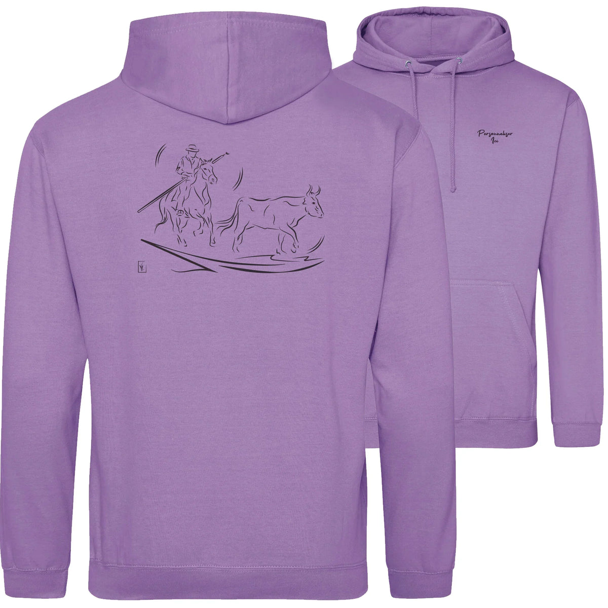 Motif Camargue Gardians et taureaux - Patrimoine - au dos d'un Sweat à capuche Unisexe 280g - Violet Digital lavender