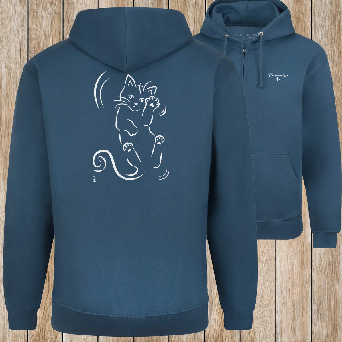 Graphisme Chat (Roulade sur le dos) sur une Veste zip Unisexe 280g - Air Force Blue - Idéal Cadeau à personnaliser - Virginie Linard ©