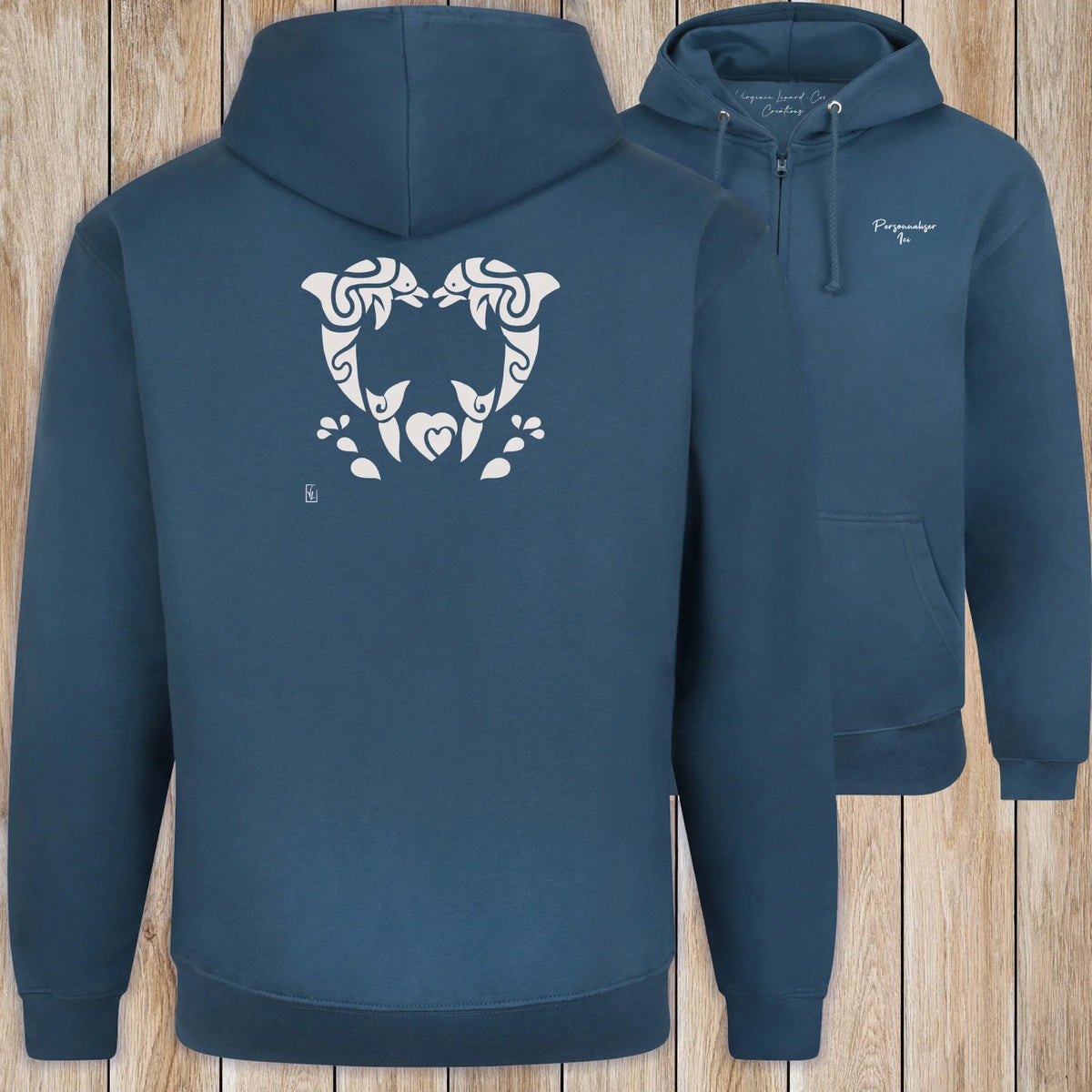 Graphisme Dauphin (Jumping tatoo coeur en couple) sur une Veste zip Unisexe 280g - Air Force Blue - Idéal Cadeau à personnaliser - Virginie Linard ©