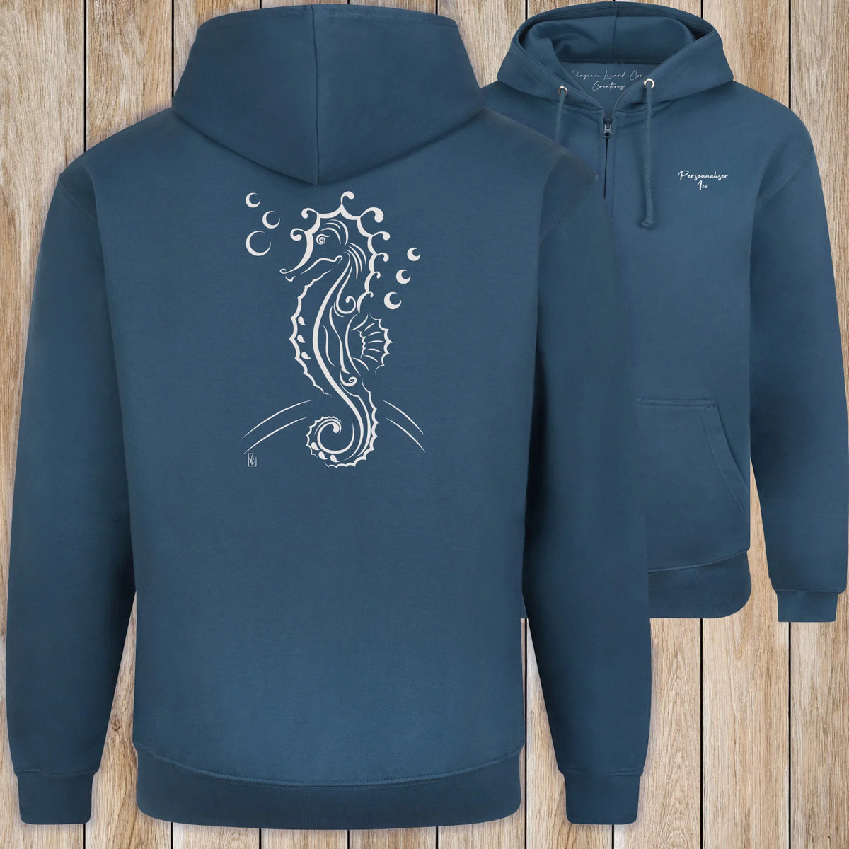 Graphisme hyppocampe (Les fonds marins) sur une Veste zip Unisexe 280g - Air Force Blue - Idéal Cadeau à personnaliser - Virginie Linard ©