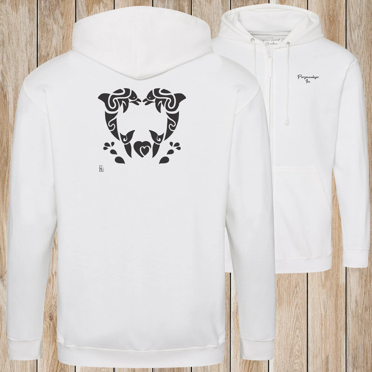 Graphisme Dauphin (Jumping tatoo coeur en couple) sur une Veste zip Unisexe 280g - Arctic White - Idéal Cadeau à personnaliser - Virginie Linard ©