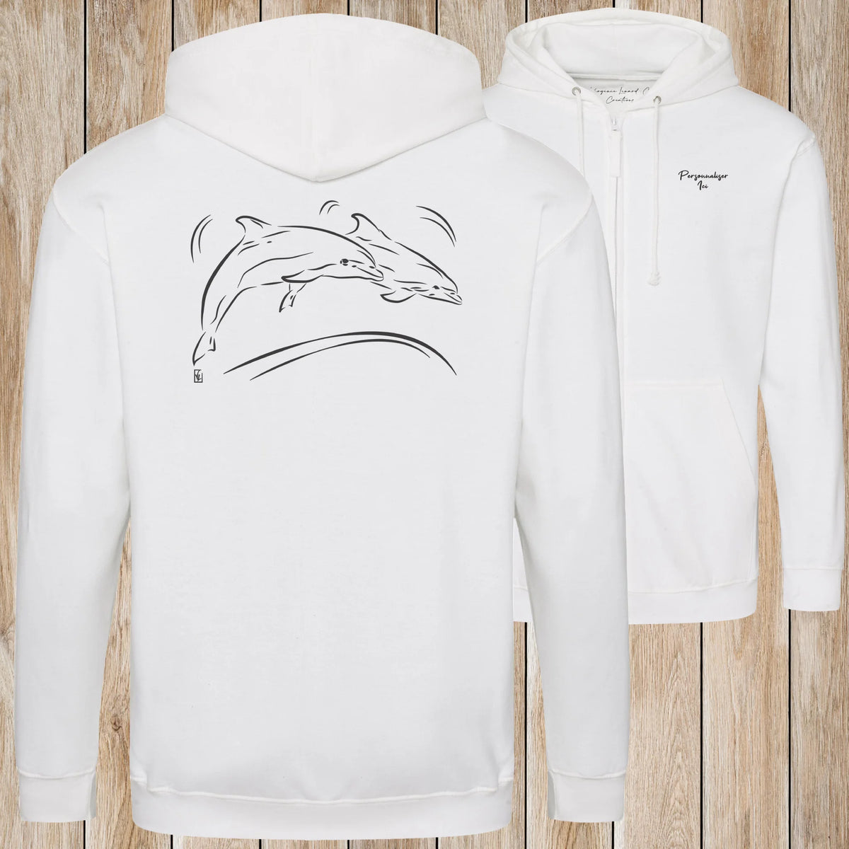 Graphisme Dauphin (Jumping en couple) sur une Veste zip Unisexe 280g - Arctic White - Idéal Cadeau à personnaliser - Virginie Linard ©