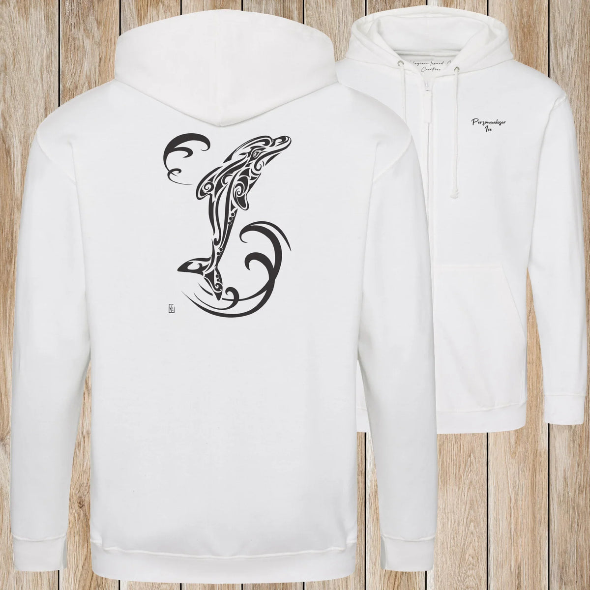 Graphisme Dauphin (Tatoo Jump solo) sur une Veste zip Unisexe 280g - Arctic White - Idéal Cadeau à personnaliser - Virginie Linard ©