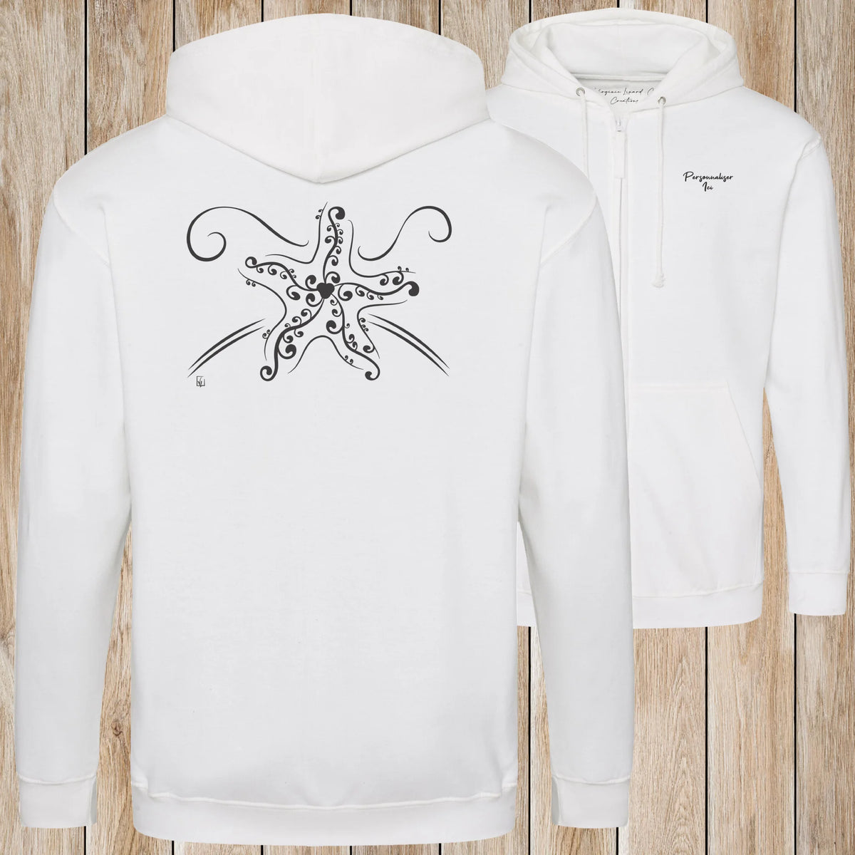 Graphisme Etoile de mer (Tatoo) sur une Veste zip Unisexe 280g - Arctic White - Idéal Cadeau à personnaliser - Virginie Linard ©