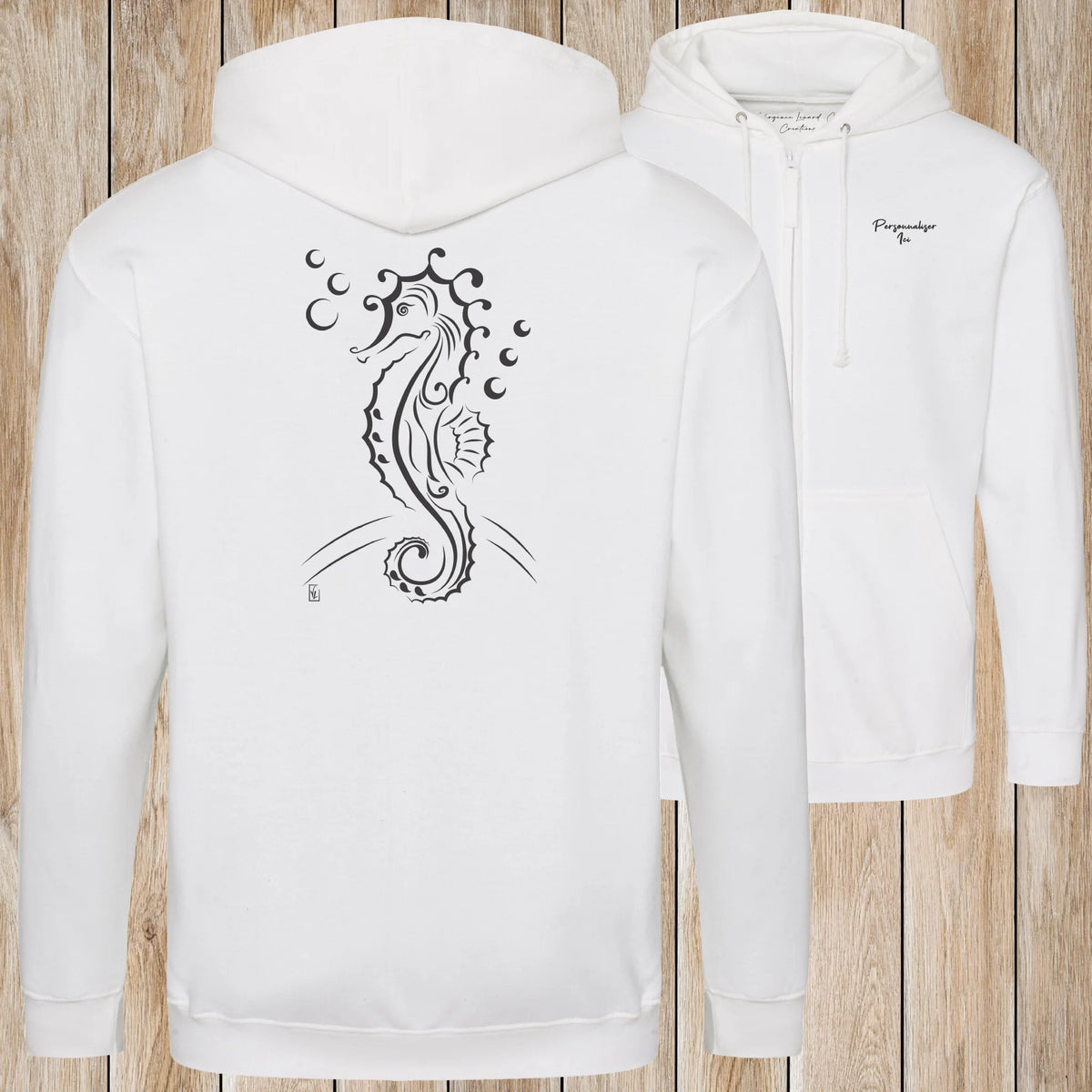 Graphisme hyppocampe (Les fonds marins) sur une Veste zip Unisexe 280g - Arctic White - Idéal Cadeau à personnaliser - Virginie Linard ©