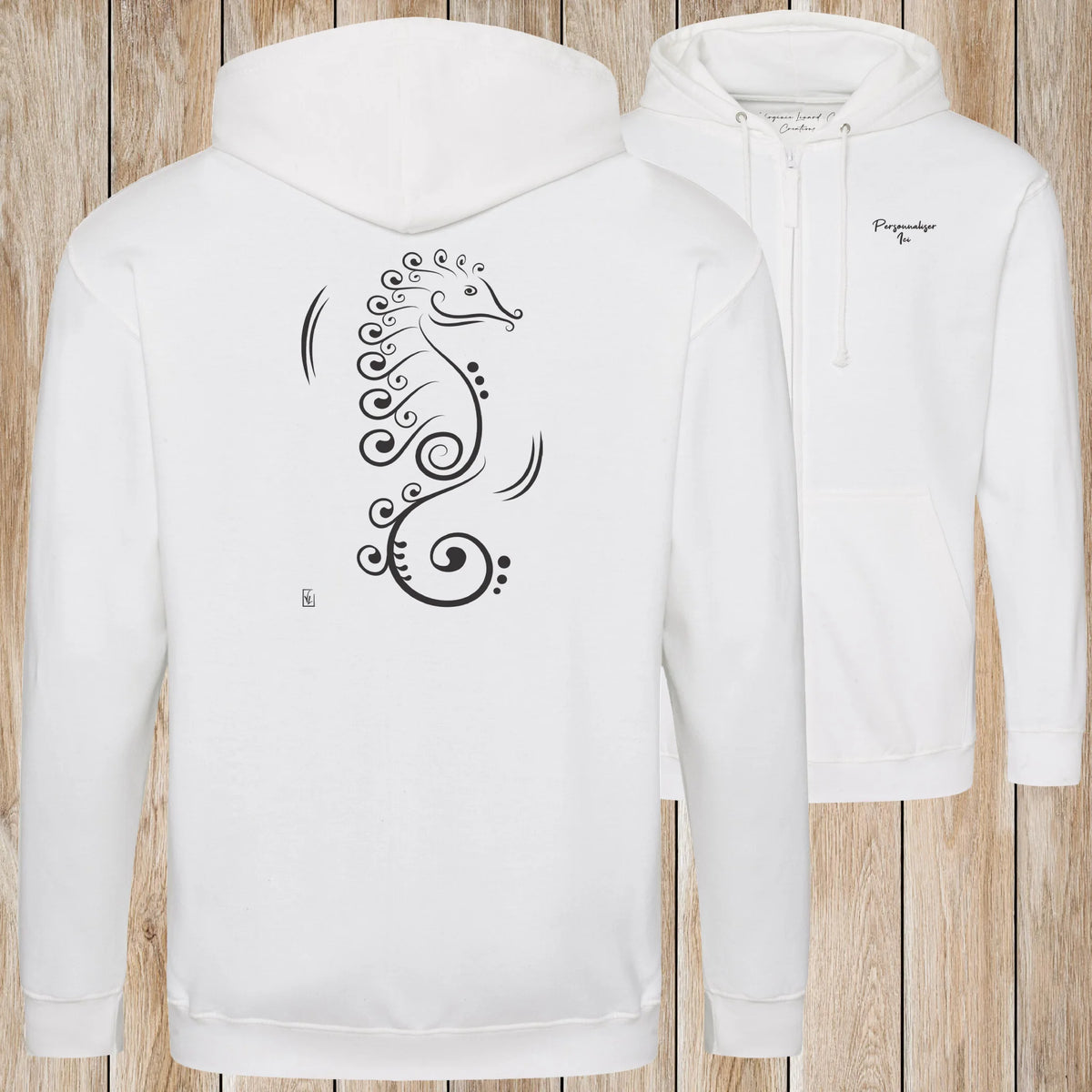 Graphisme hyppocampe (La vie cachée) sur une Veste zip Unisexe 280g - Arctic White - Idéal Cadeau à personnaliser - Virginie Linard ©