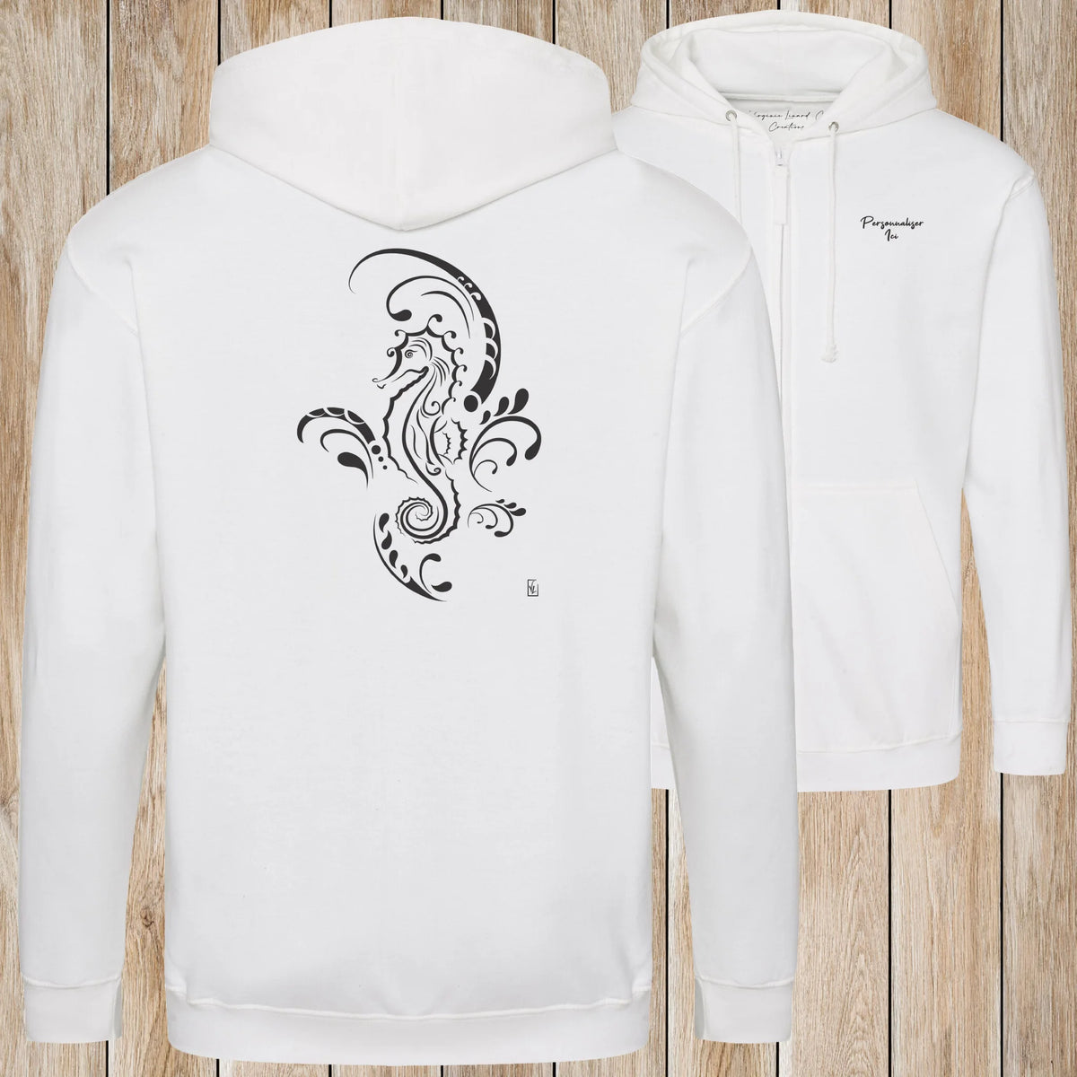 Graphisme hyppocampe (Tatoo) sur une Veste zip Unisexe 280g - Arctic White - Idéal Cadeau à personnaliser - Virginie Linard ©