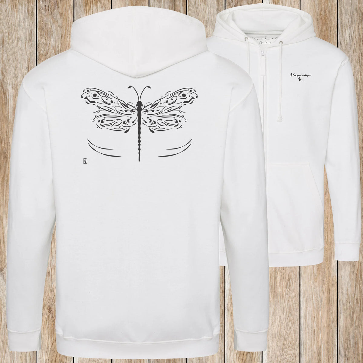 Graphisme Libellule (les ailes déployées) sur une Veste zip Unisexe 280g - Arctic White - Idéal Cadeau à personnaliser - Virginie Linard ©