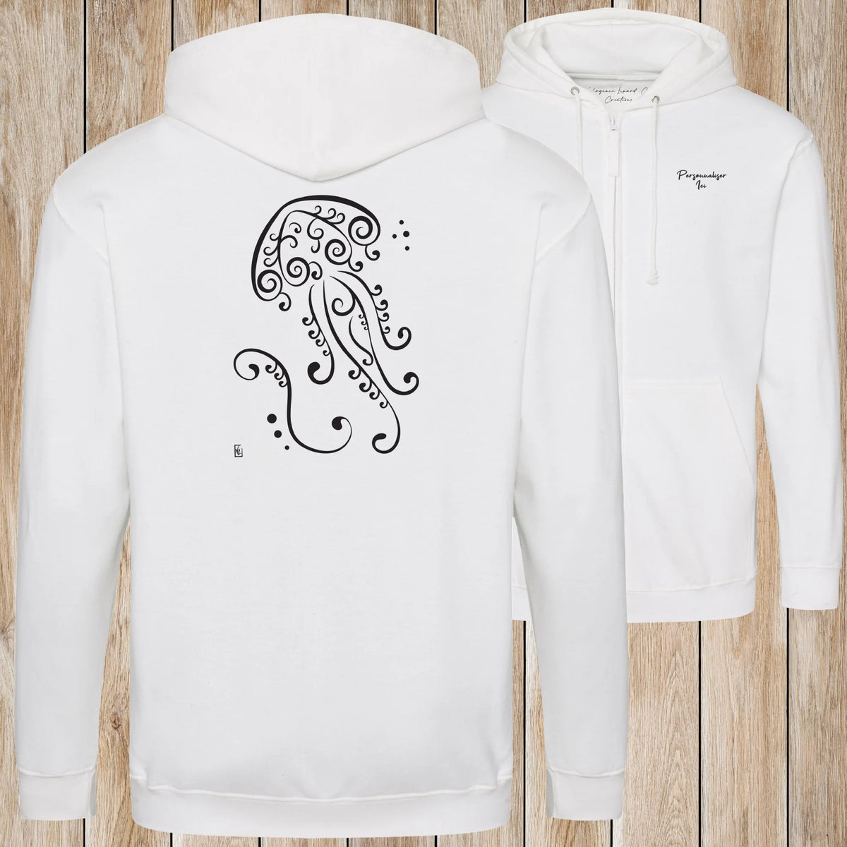 Graphisme Méduse (Fonds marins) sur une Veste zip Unisexe 280g - Arctic White - Idéal Cadeau à personnaliser - Virginie Linard ©
