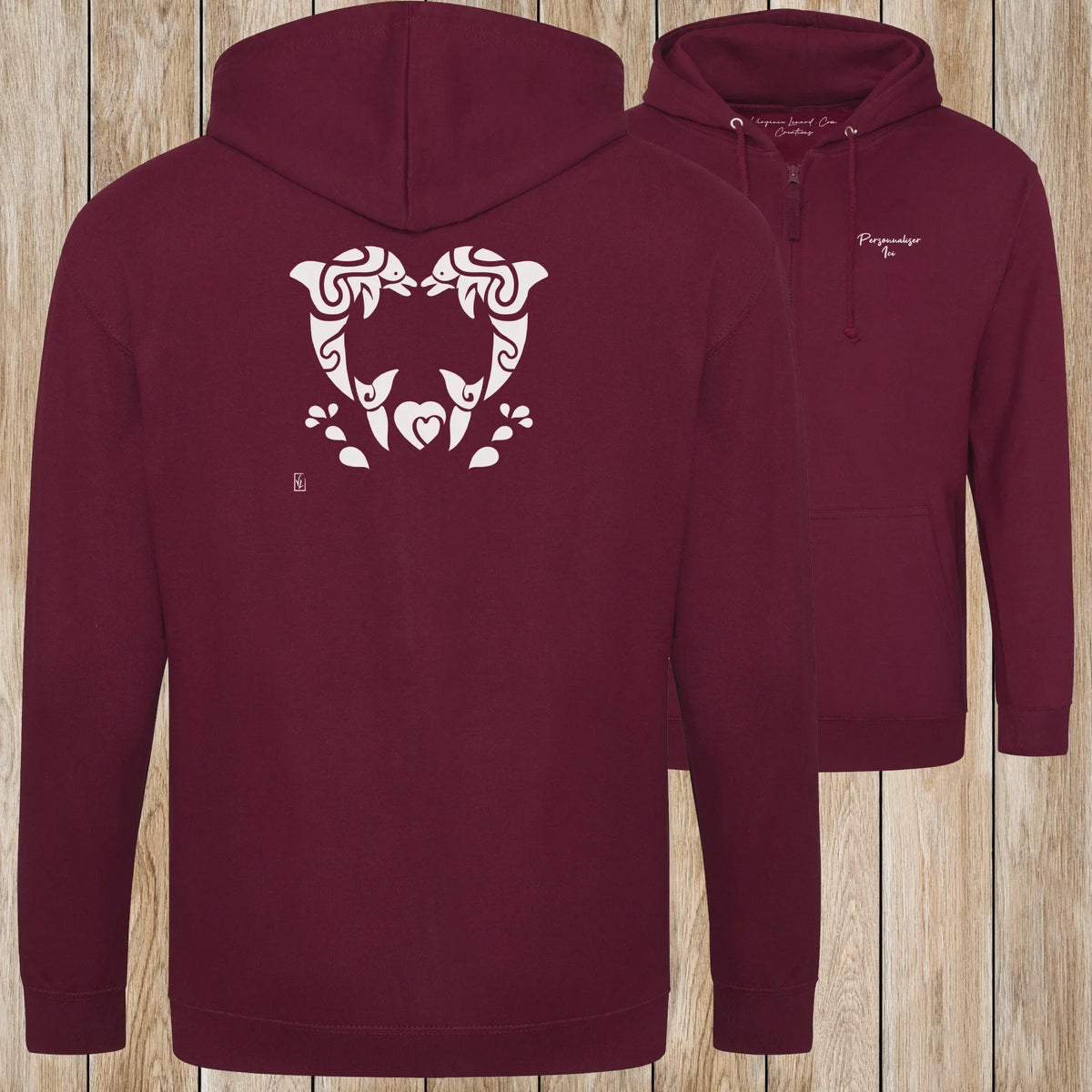 Graphisme Dauphin (Jumping tatoo coeur en couple) sur une Veste zip Unisexe 280g - Burgundy - Idéal Cadeau à personnaliser - Virginie Linard ©