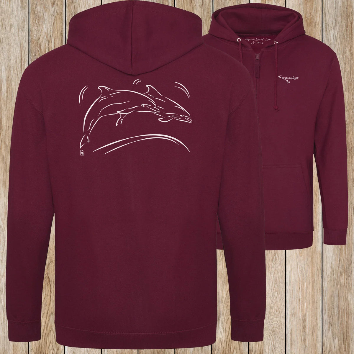 Graphisme Dauphin (Jumping en couple) sur une Veste zip Unisexe 280g - Burgundy - Idéal Cadeau à personnaliser - Virginie Linard ©