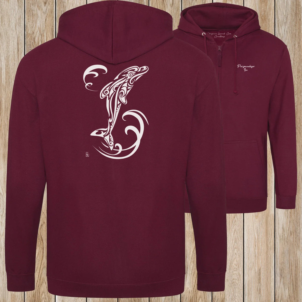 Graphisme Dauphin (Tatoo Jump solo) sur une Veste zip Unisexe 280g - Burgundy - Idéal Cadeau à personnaliser - Virginie Linard ©