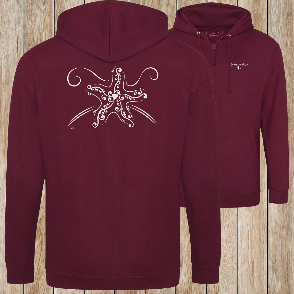 Graphisme Etoile de mer (Tatoo) sur une Veste zip Unisexe 280g - Burgundy - Idéal Cadeau à personnaliser - Virginie Linard ©