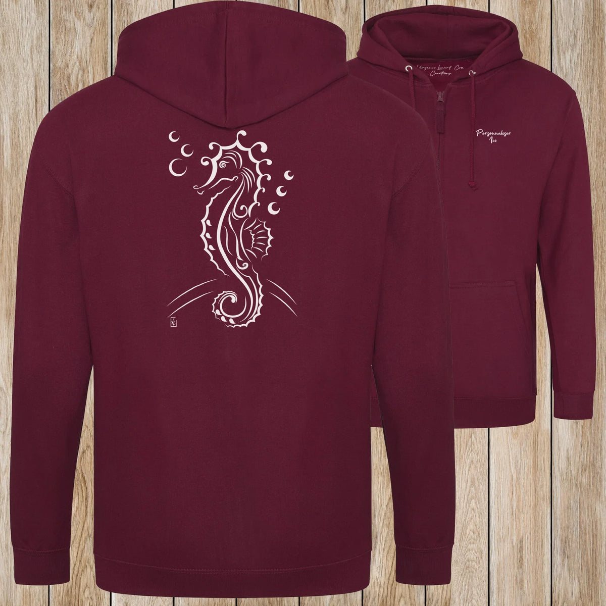 Graphisme hyppocampe (Les fonds marins) sur une Veste zip Unisexe 280g - Burgundy - Idéal Cadeau à personnaliser - Virginie Linard ©
