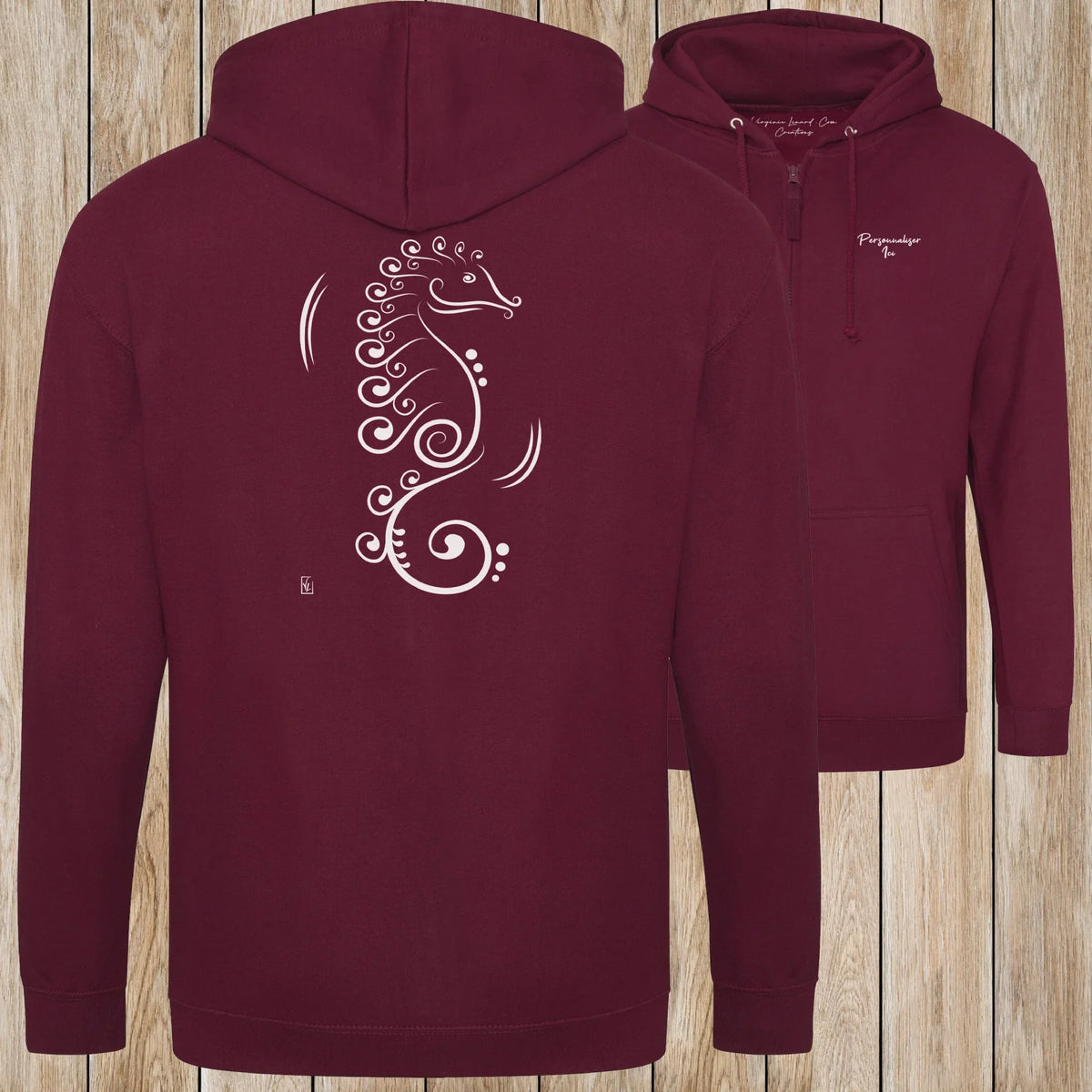 Graphisme hyppocampe (La vie cachée) sur une Veste zip Unisexe 280g - Burgundy - Idéal Cadeau à personnaliser - Virginie Linard ©