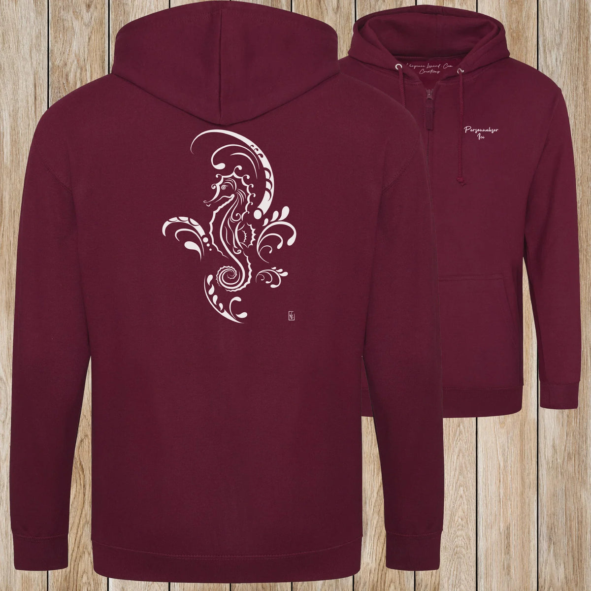 Graphisme hyppocampe (Tatoo) sur une Veste zip Unisexe 280g - Burgundy - Idéal Cadeau à personnaliser - Virginie Linard ©