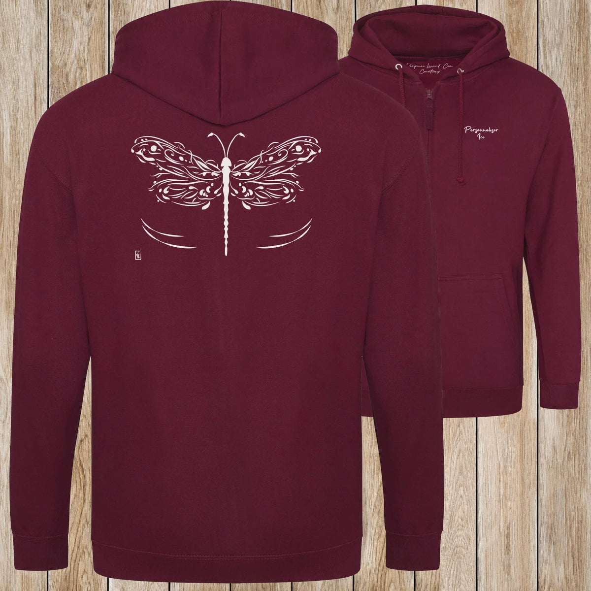 Graphisme Libellule (les ailes déployées) sur une Veste zip Unisexe 280g - Burgundy - Idéal Cadeau à personnaliser - Virginie Linard ©