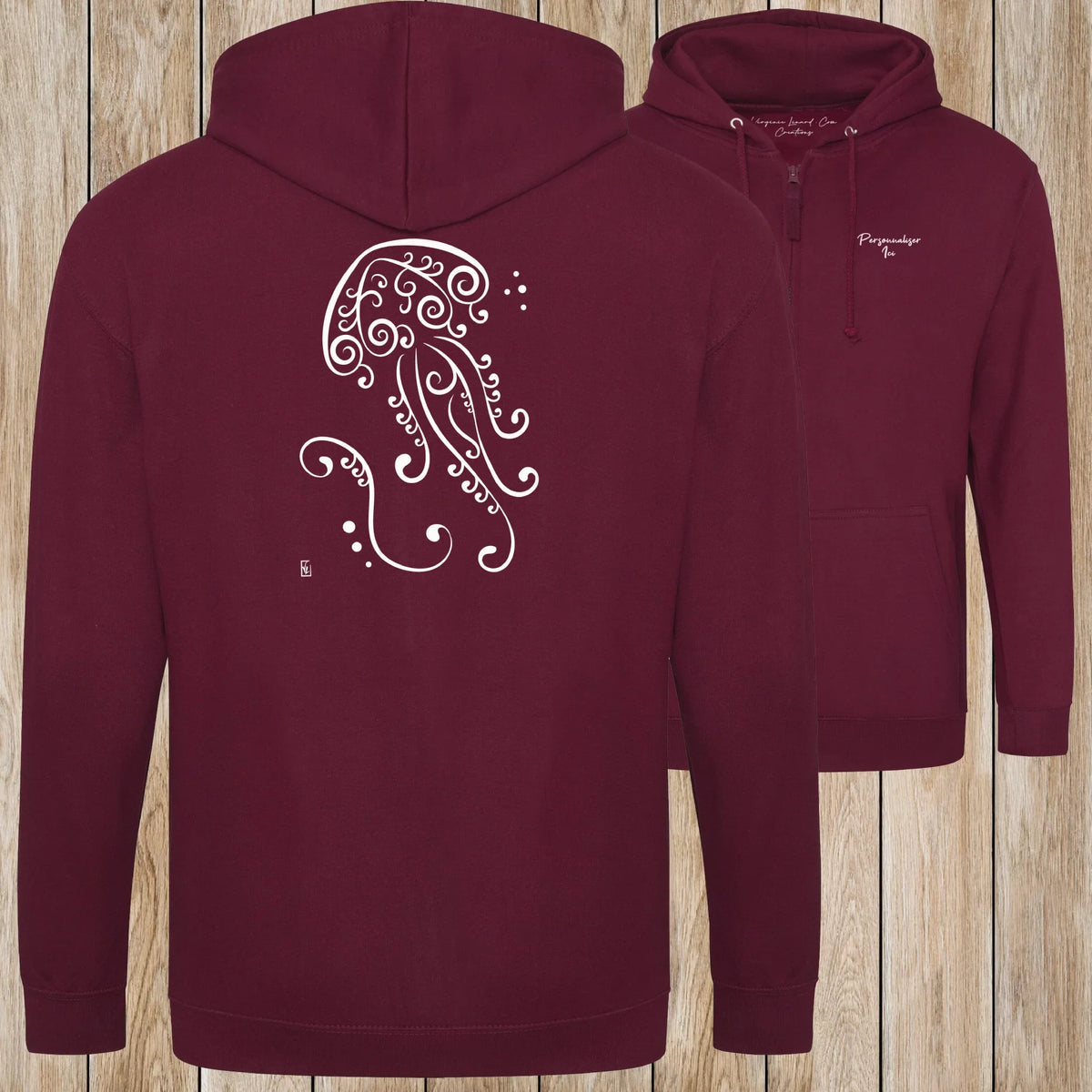 Graphisme Méduse (Fonds marins) sur une Veste zip Unisexe 280g - Burgundy - Idéal Cadeau à personnaliser - Virginie Linard ©