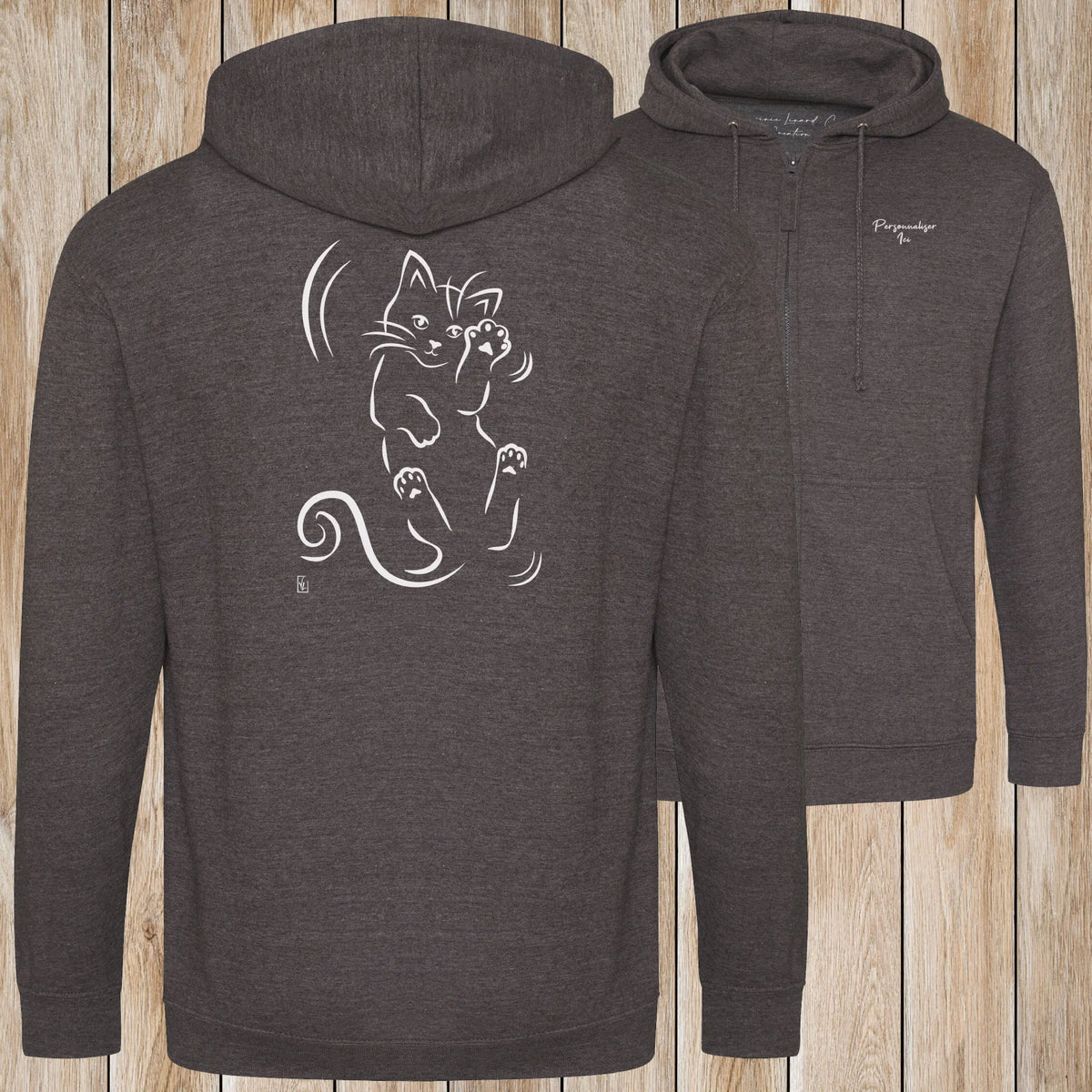 Graphisme Chat (Roulade sur le dos) sur une Veste zip Unisexe 280g - Charcoal - Idéal Cadeau à personnaliser - Virginie Linard ©