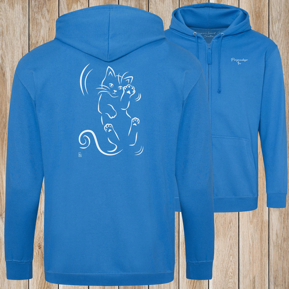 Graphisme Chat (Roulade sur le dos) sur une Veste zip Unisexe 280g - Sapphire Blue - Idéal Cadeau à personnaliser - Virginie Linard ©