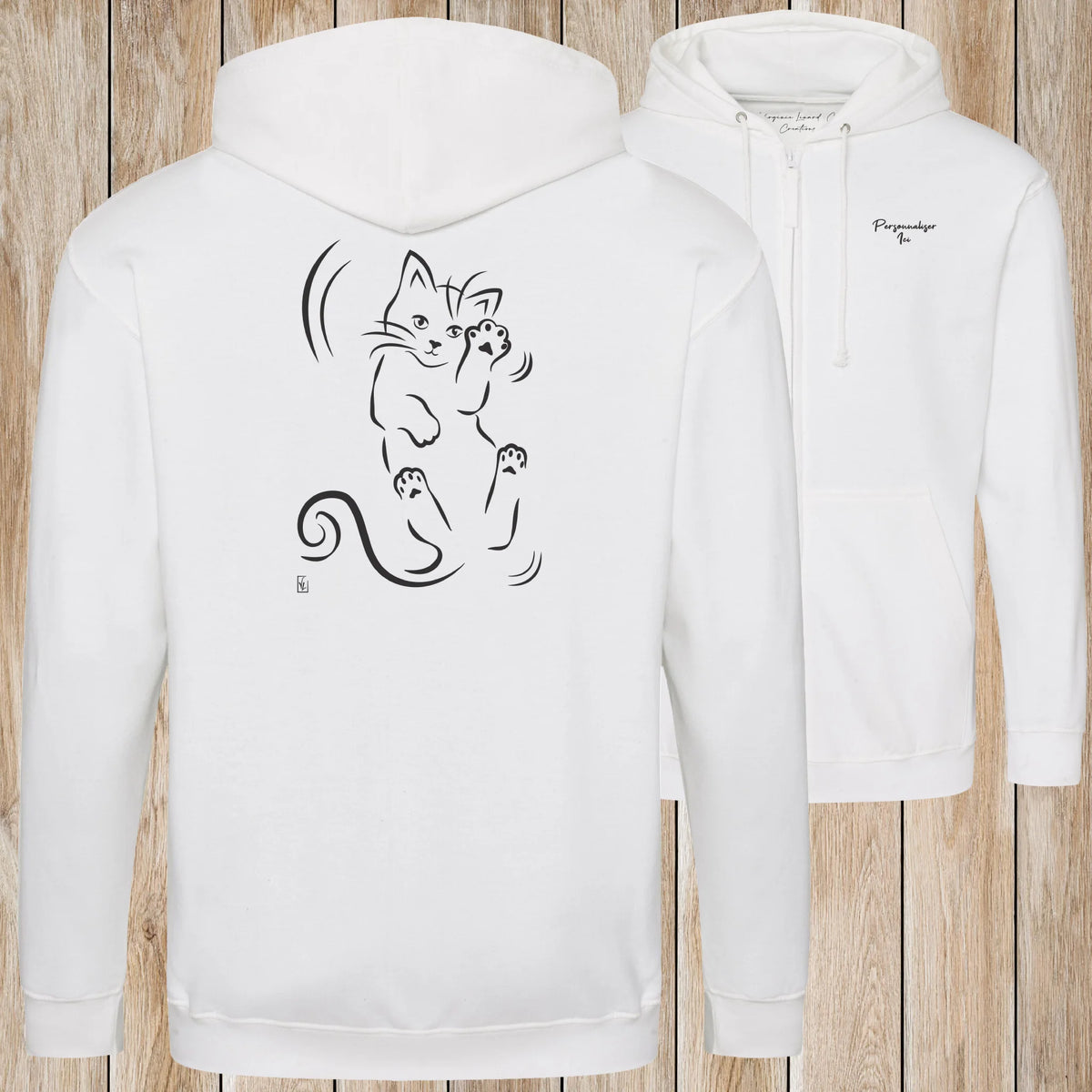 Graphisme Chat (Roulade sur le dos) sur une Veste zip Unisexe 280g - Arctic White - Idéal Cadeau à personnaliser - Virginie Linard ©