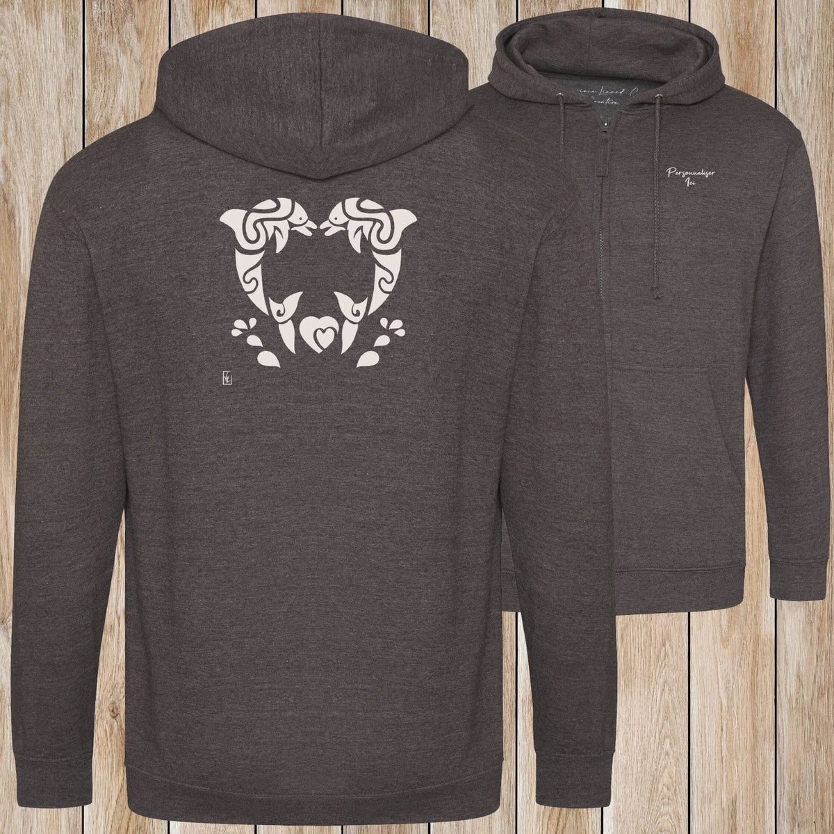 Graphisme Dauphin (Jumping tatoo coeur en couple) sur une Veste zip Unisexe 280g - Charcoal - Idéal Cadeau à personnaliser - Virginie Linard ©