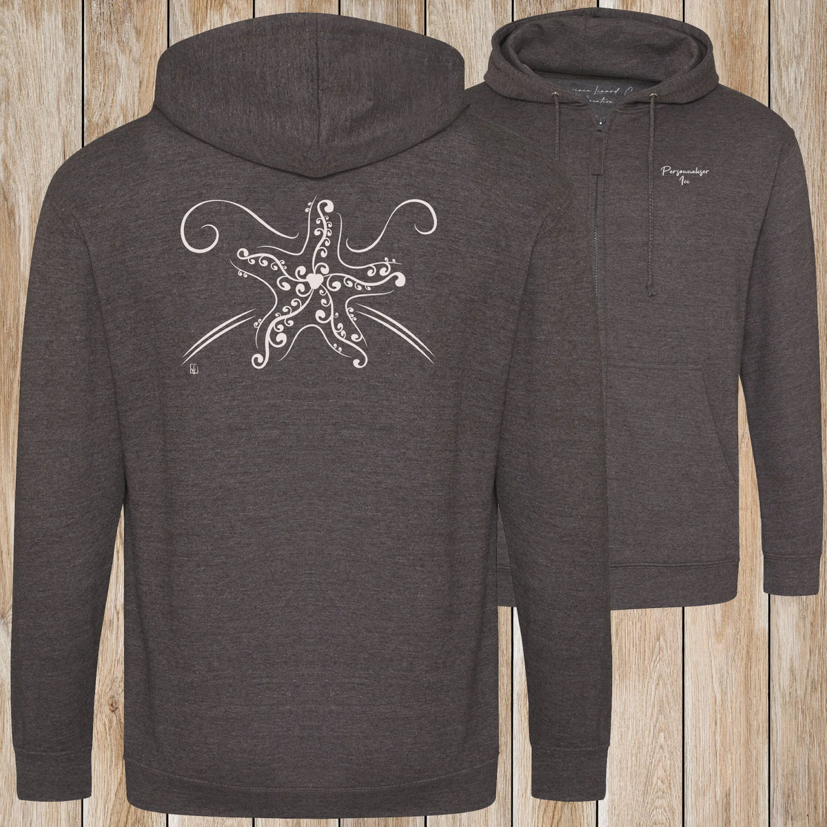 Graphisme Etoile de mer (Tatoo) sur une Veste zip Unisexe 280g - Charcoal - Idéal Cadeau à personnaliser - Virginie Linard ©