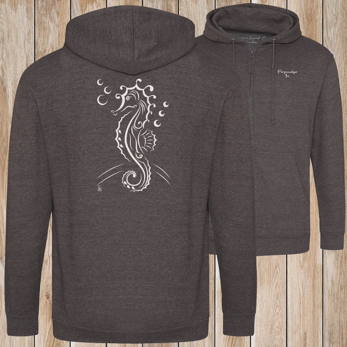 Graphisme hyppocampe (Tatoo) sur une Veste zip Unisexe 280g - Charcoal - Idéal Cadeau à personnaliser - Virginie Linard ©