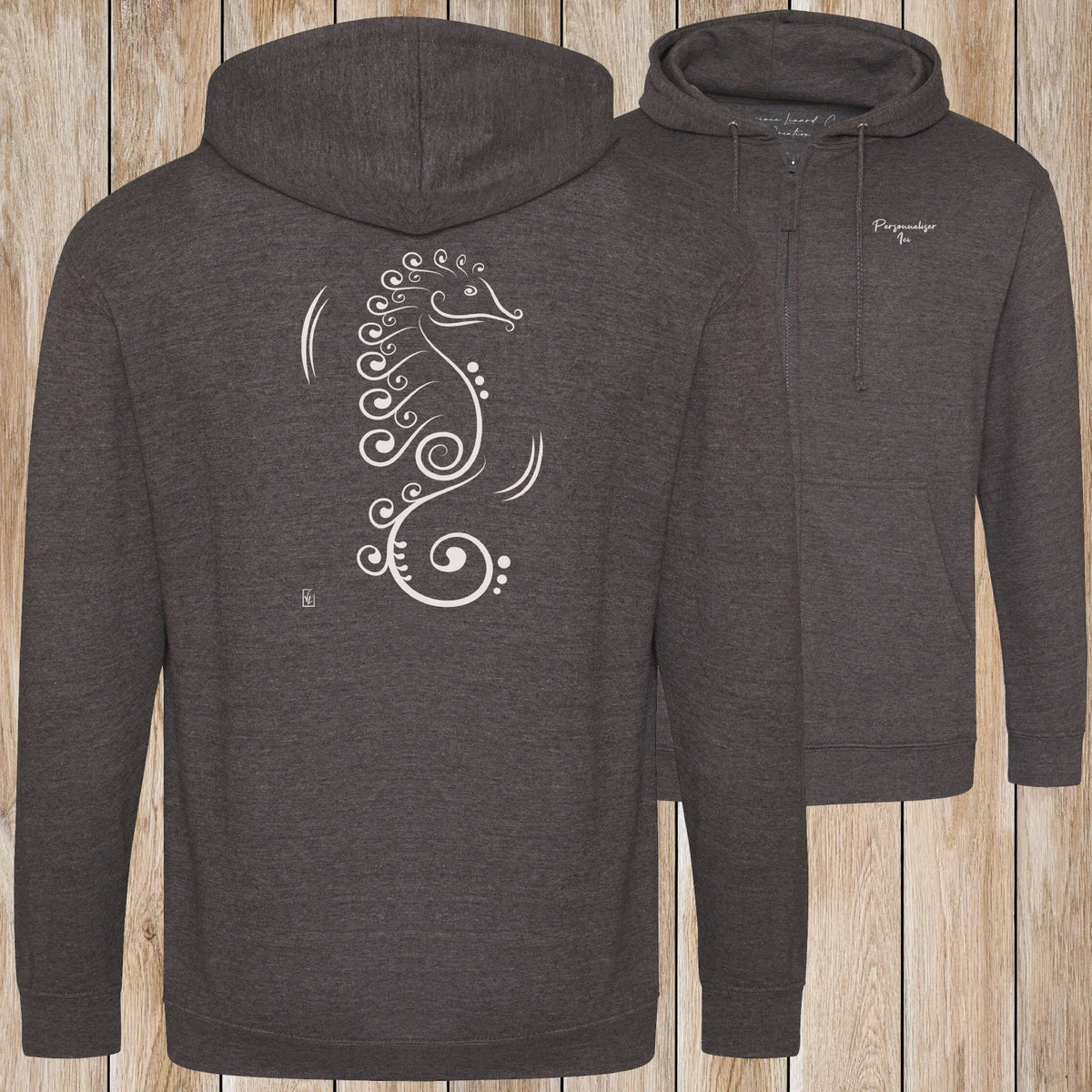 Graphisme hyppocampe (La vie cachée) sur une Veste zip Unisexe 280g - Charcoal - Idéal Cadeau à personnaliser - Virginie Linard ©