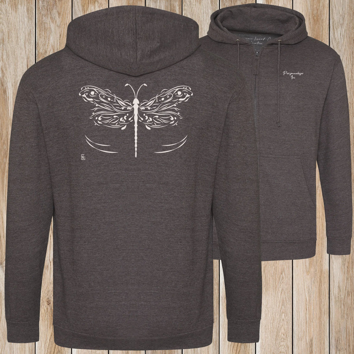 Graphisme Libellule (les ailes déployées) sur une Veste zip Unisexe 280g - Charcoal - Idéal Cadeau à personnaliser - Virginie Linard ©