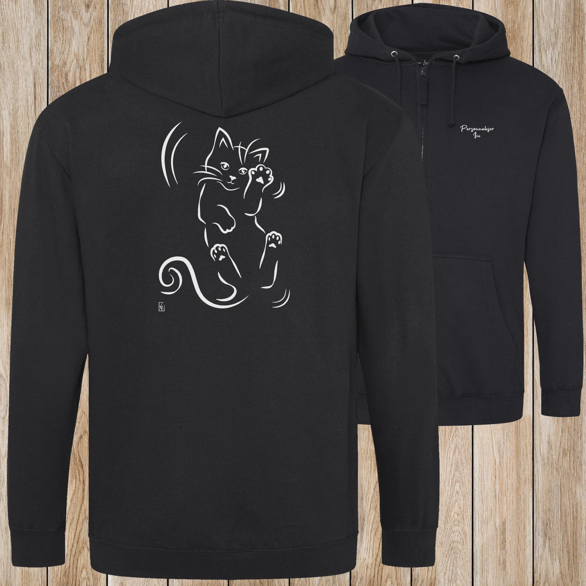 Graphisme Chat (Roulade sur le dos) sur une Veste zip Unisexe 280g - Deep black - Idéal Cadeau à personnaliser - Virginie Linard ©