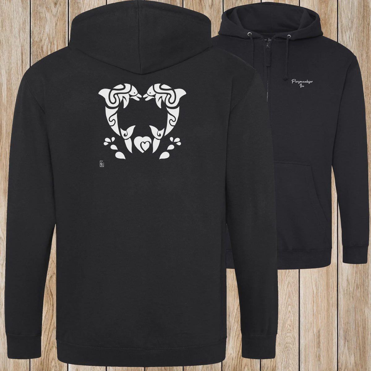 Graphisme Dauphin (Jumping tatoo coeur en couple) sur une Veste zip Unisexe 280g - Deep black - Idéal Cadeau à personnaliser - Virginie Linard ©