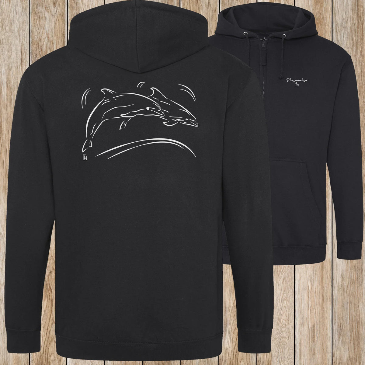 Graphisme Dauphin (Jumping en couple) sur une Veste zip Unisexe 280g - Deep black - Idéal Cadeau à personnaliser - Virginie Linard ©