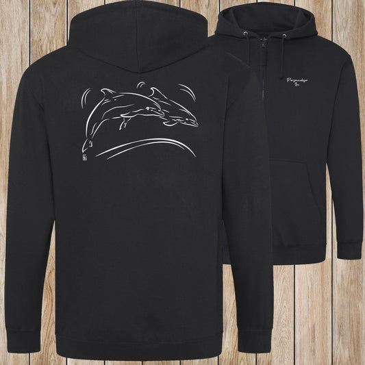 Graphisme Dauphin (Jumping en couple) sur une Veste zip Unisexe 280g - Deep black - Idéal Cadeau à personnaliser - Virginie Linard ©