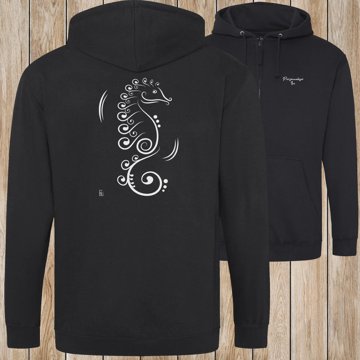 Graphisme hyppocampe (La vie cachée) sur une Veste zip Unisexe 280g - Deep black - Idéal Cadeau à personnaliser - Virginie Linard ©