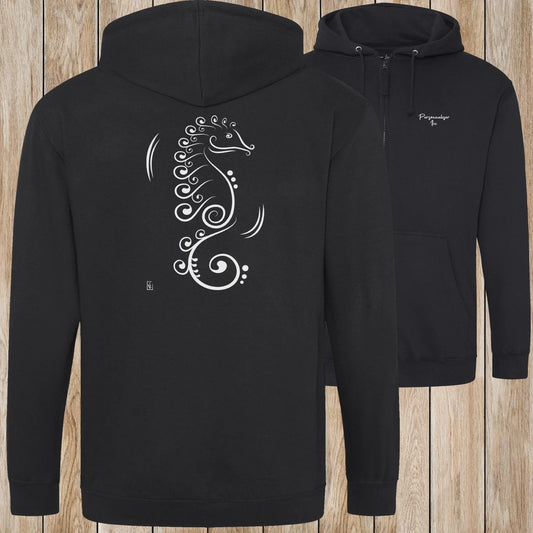 Graphisme hyppocampe (La vie cachée) sur une Veste zip Unisexe 280g - Deep black - Idéal Cadeau à personnaliser - Virginie Linard ©