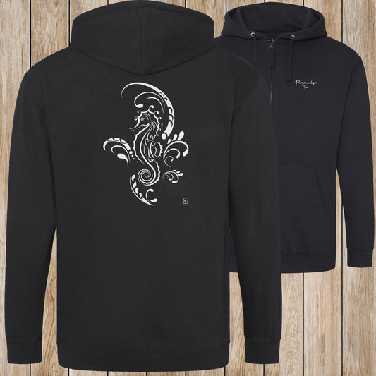 Graphisme hyppocampe (Tatoo) sur une Veste zip Unisexe 280g - Deep black - Idéal Cadeau à personnaliser - Virginie Linard ©