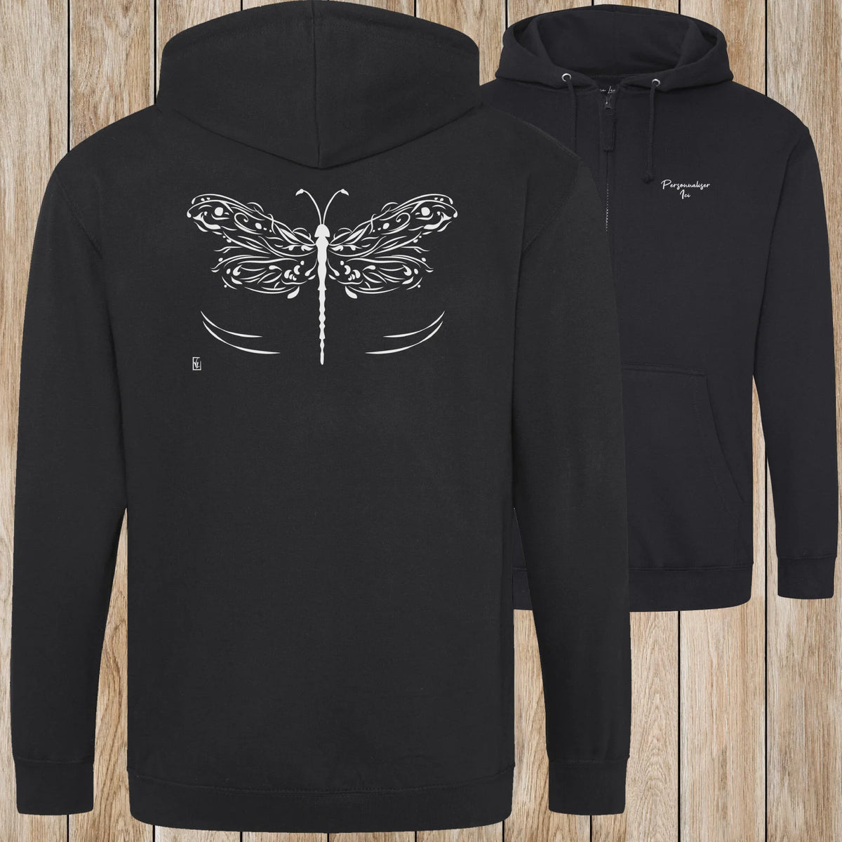 Graphisme Libellule (les ailes déployées) sur une Veste zip Unisexe 280g - Deep black - Idéal Cadeau à personnaliser - Virginie Linard ©