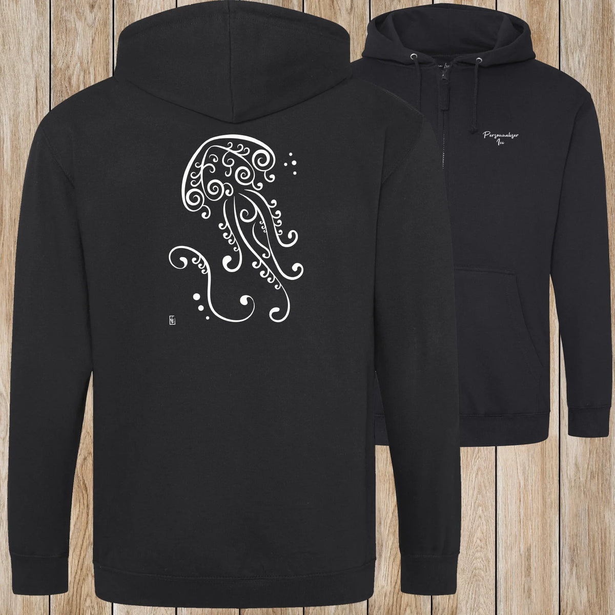Graphisme Méduse (Fonds marins) sur une Veste zip Unisexe 280g - Deep black - Idéal Cadeau à personnaliser - Virginie Linard ©