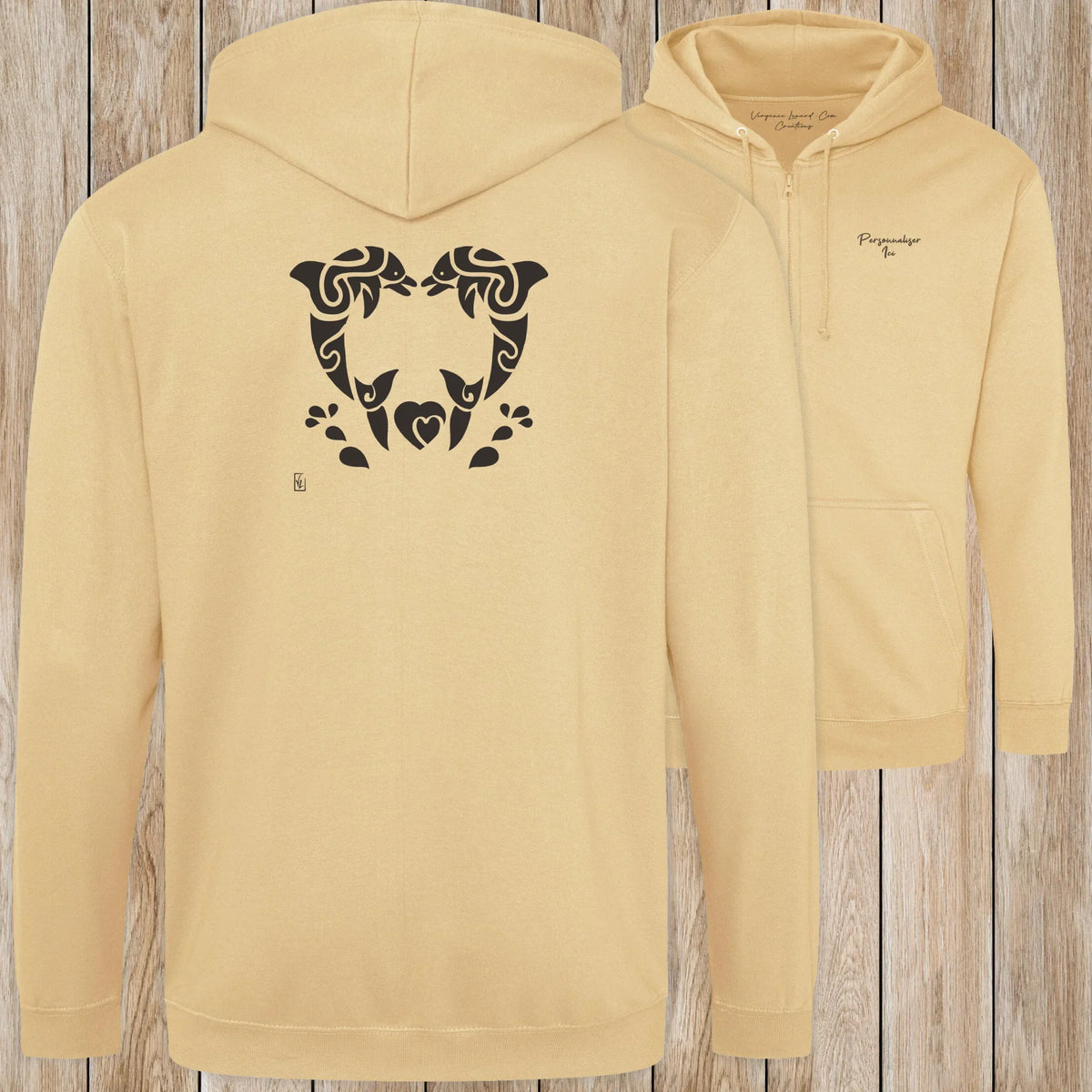 Graphisme Dauphin (Jumping tatoo coeur en couple) sur une Veste zip Unisexe 280g - Desert Sand - Idéal Cadeau à personnaliser - Virginie Linard ©