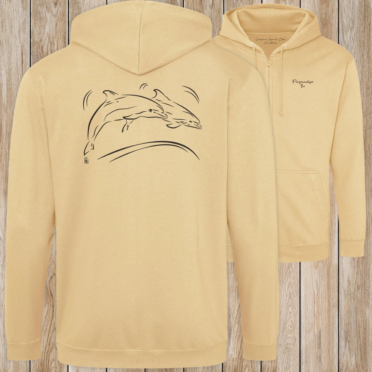 Graphisme Dauphin (Jumping en couple) sur une Veste zip Unisexe 280g - Desert Sand - Idéal Cadeau à personnaliser - Virginie Linard ©