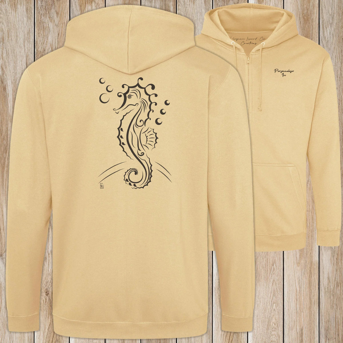 Graphisme hyppocampe (Les fonds marins) sur une Veste zip Unisexe 280g - Desert Sand - Idéal Cadeau à personnaliser - Virginie Linard ©