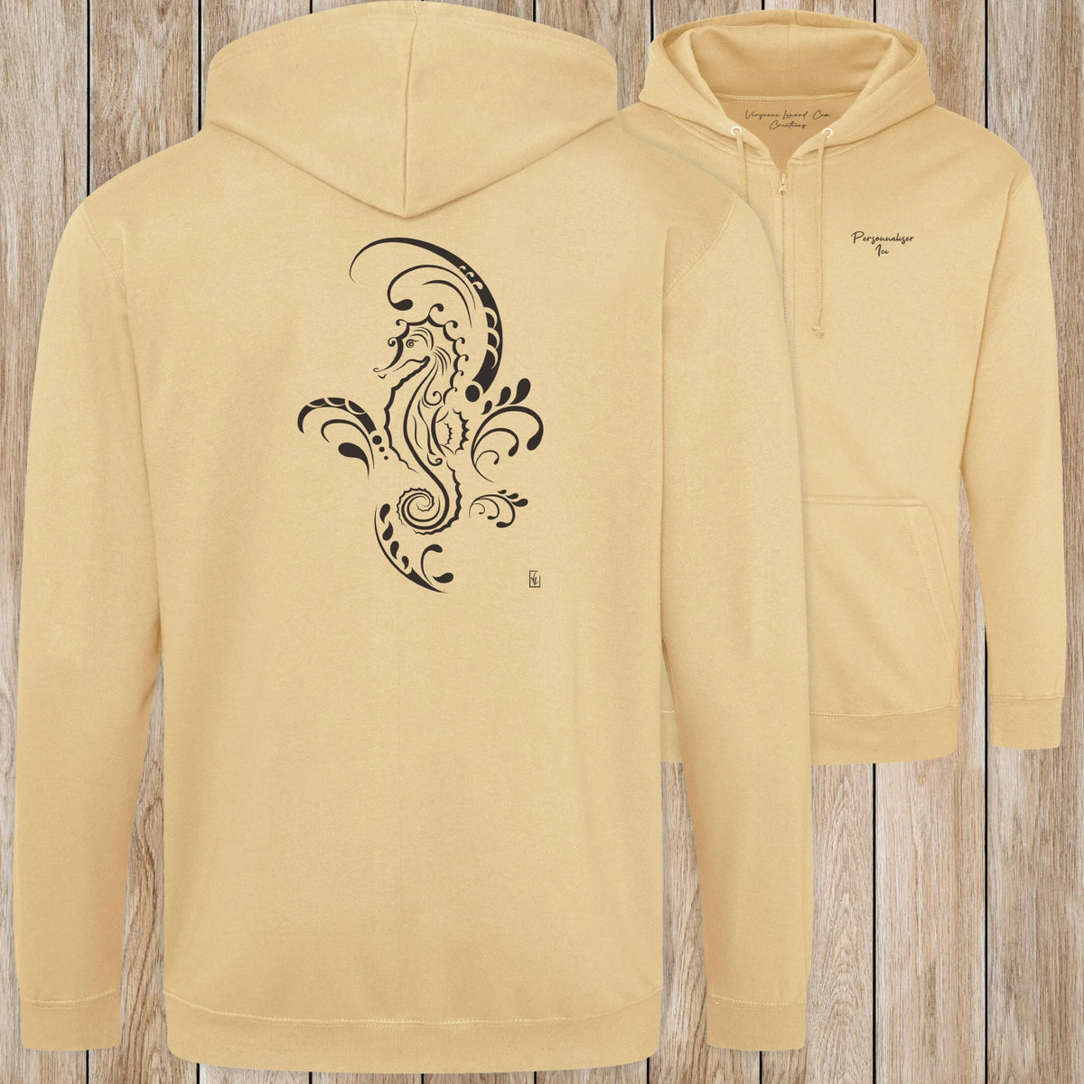 Graphisme hyppocampe (Tatoo) sur une Veste zip Unisexe 280g - Desert Sand - Idéal Cadeau à personnaliser - Virginie Linard ©
