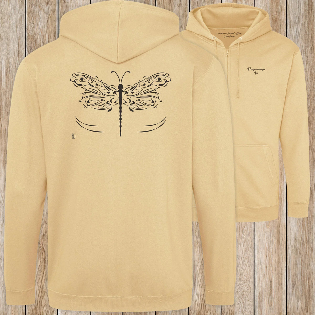 Graphisme Libellule (les ailes déployées) sur une Veste zip Unisexe 280g - Desert Sand - Idéal Cadeau à personnaliser - Virginie Linard ©