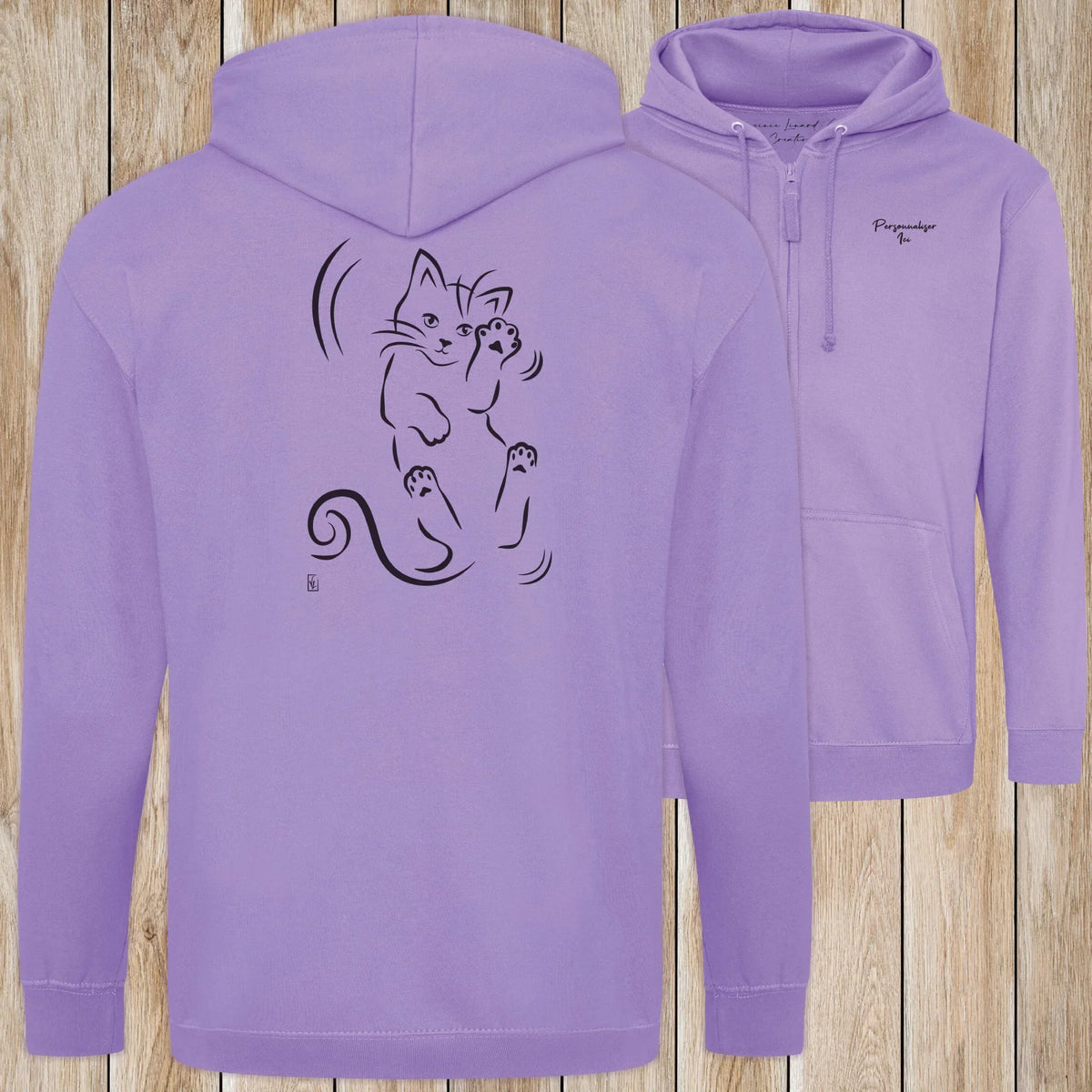 Graphisme Chat (Roulade sur le dos) sur une Veste zip Unisexe 280g - Digital Lavender - Idéal Cadeau à personnaliser - Virginie Linard ©
