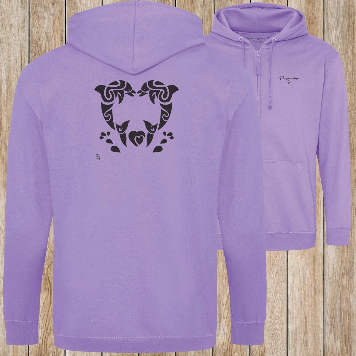 Graphisme Dauphin (Jumping tatoo coeur en couple) sur une Veste zip Unisexe 280g - Digital Lavender - Idéal Cadeau à personnaliser - Virginie Linard ©